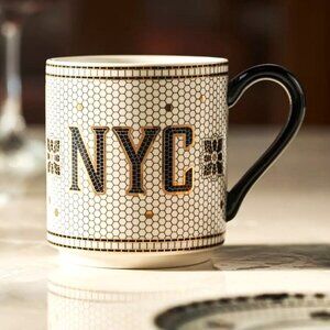 Anthropologie Bistro Tile Mug "NYC" 24K Gold Decaled Glazed Stoneware New York